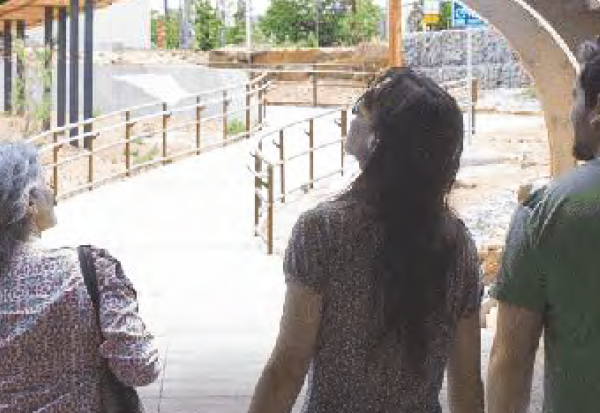 A photo of the back of three people walking and gazing up