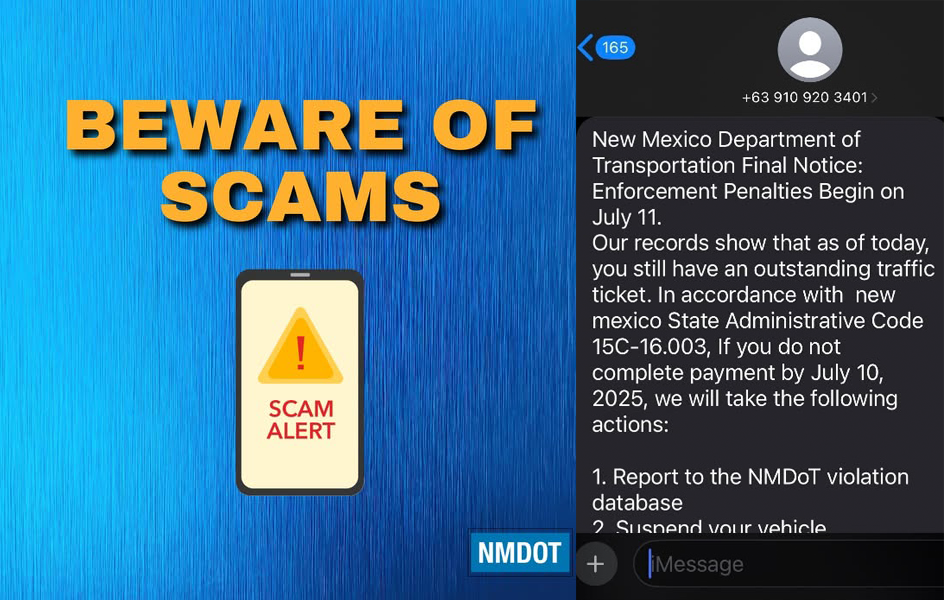 “Beware of scams” warning with a fake NMDOT text message example and scam alert icon.