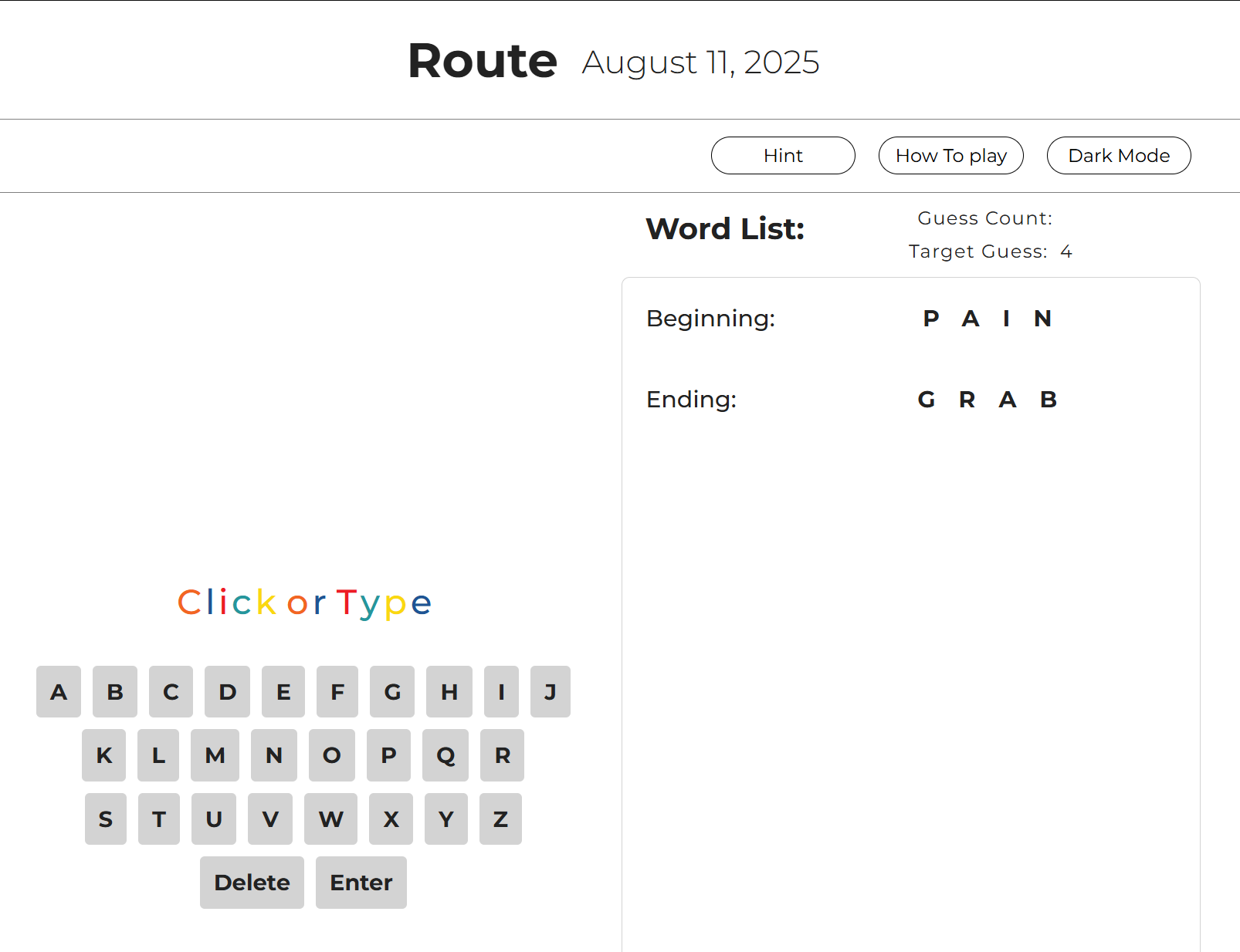 Route game screenshot displays a keyboard and guess column