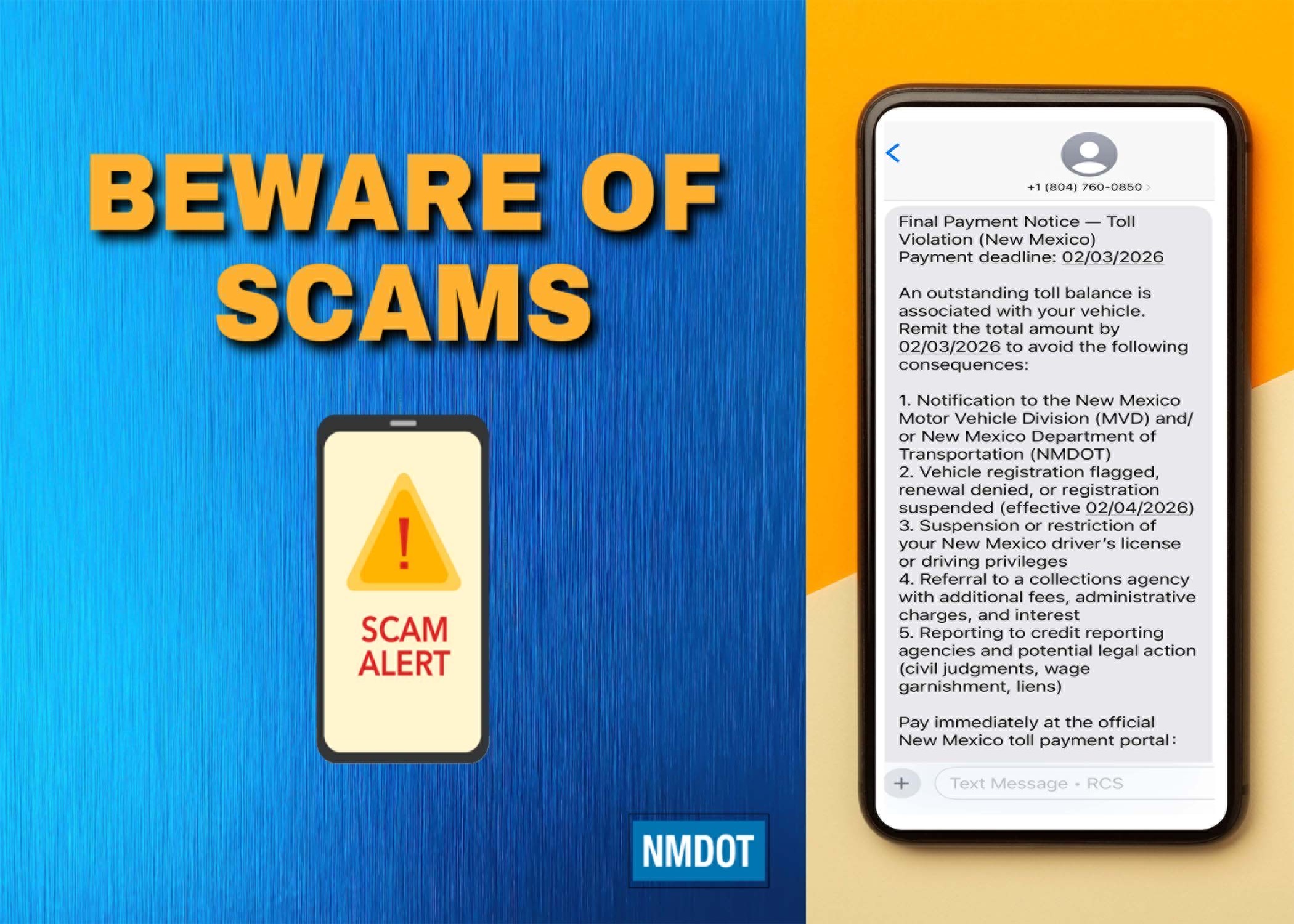 yellow text on a blue background saying Beware of Scams with an image of a cell phone on the left side on a yellow background depicting a cellphone with an example scam message on the screen 