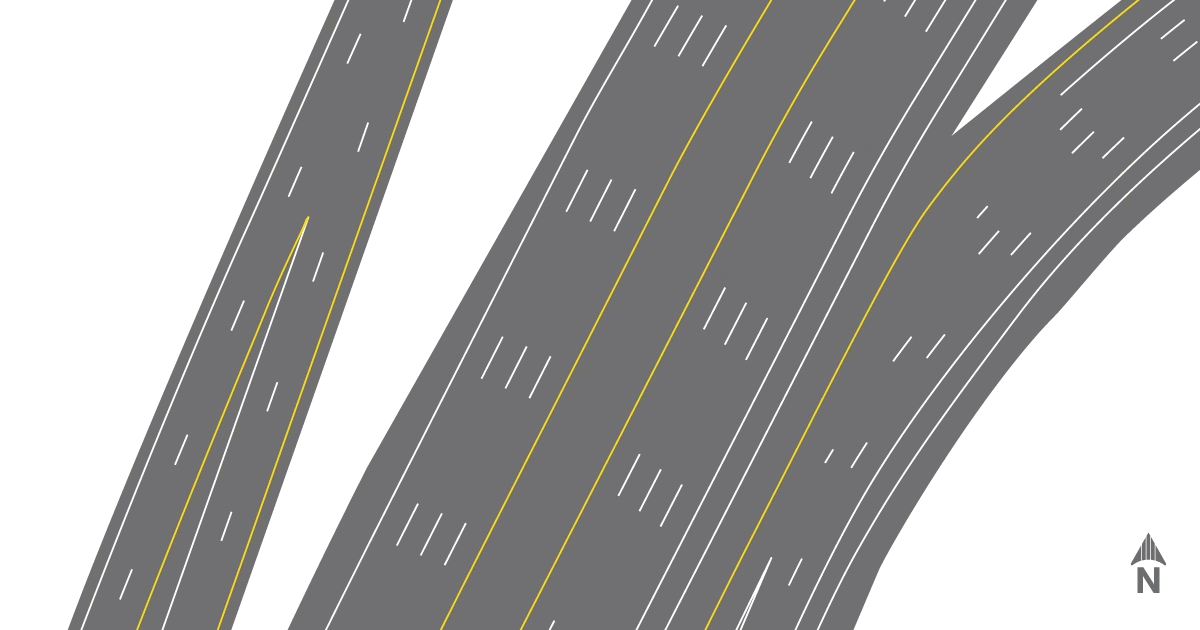 animation of a car taking an exit ramp merging into the far left lane which leads the care to a u turn