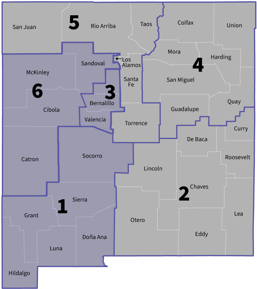 Map of New Mexico showing the county boundaries and the 6 districts, with districts 1, 3, and 6 highlighted.