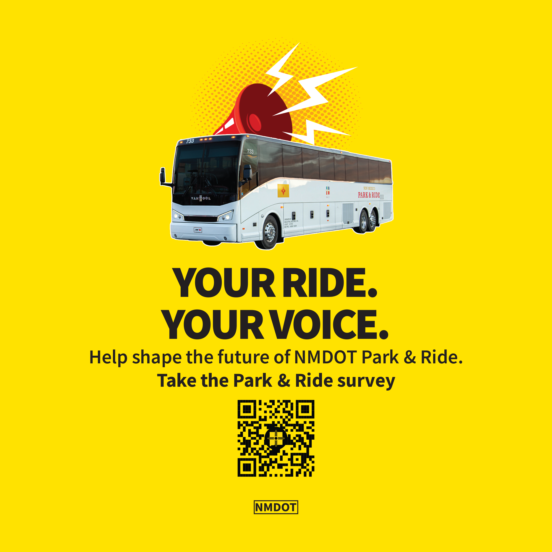 yourRideYourVoiceParkAndRidePostcard-1 park and ride bus with a bull horn behind the bus on a yellow background and text saying your ride your voice